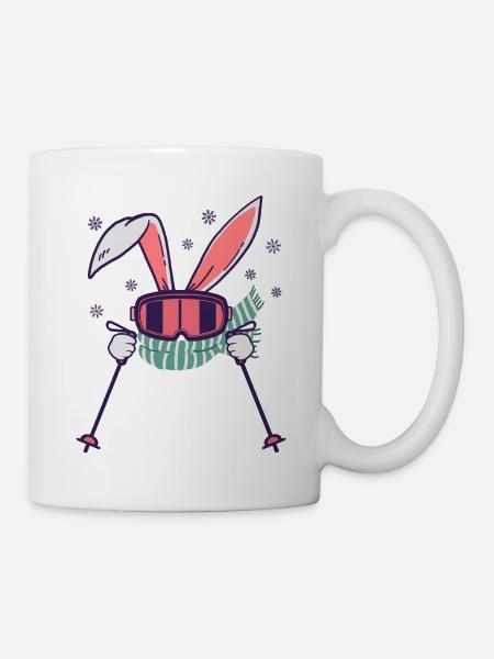 Skiing Rabbit with ski poles ski goggles scarf - Mug - white