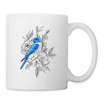 Blauer Vogelumriss mit Blumen - Tasse - Weiß - Rechts