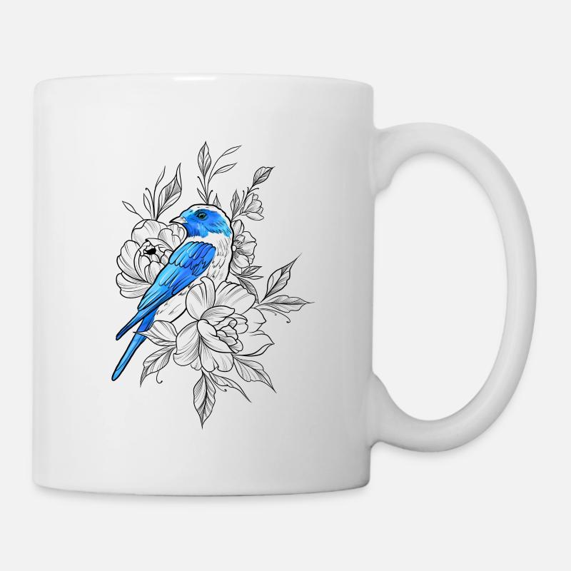 Blauer Vogelumriss mit Blumen - Tasse - Weiß