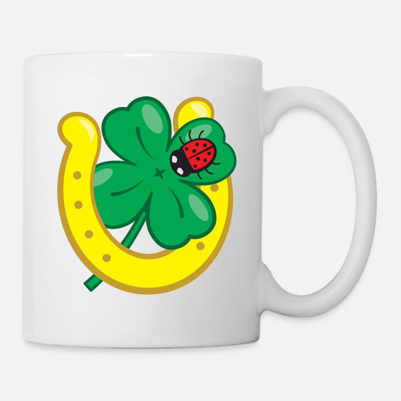 Glücksbringer mit Kleeblatt Hufeisen & Marienkäfer - Tasse - Weiß