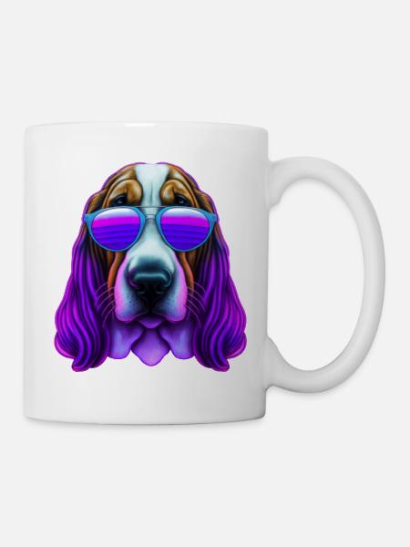 Basset Hound Dog Sunglass Synthwave Beware Dog - Mug - white