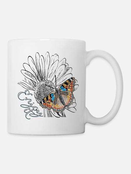 Enjoy it, Blüte mit Schmetterling - Tasse - Weiß