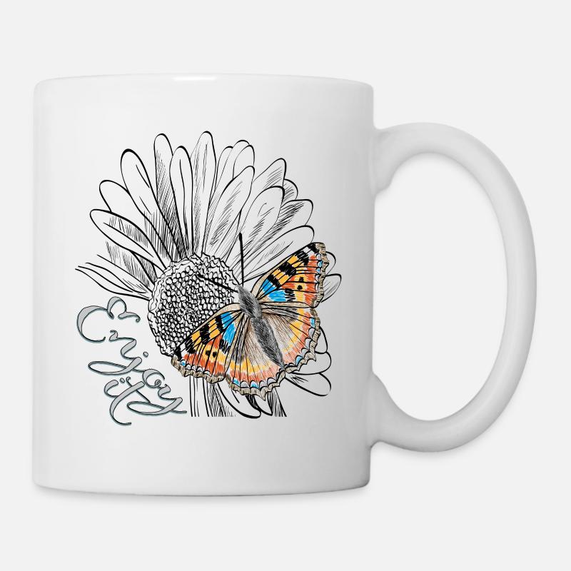 Enjoy it, Blüte mit Schmetterling - Tasse - Weiß