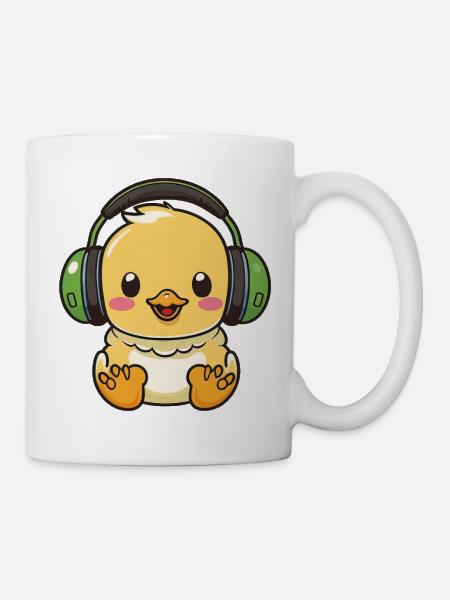 Kawaii Cute Happy Colorful Duck with Headphones - Mug - white