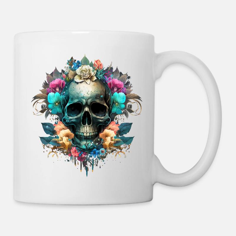 Totenkopf mit Blüten - Tasse - Weiß