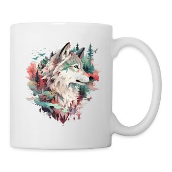 Wolf Wolfskopf Natur Wildnis Wald Bäume Kunst - Tasse - Weiß - Rechts