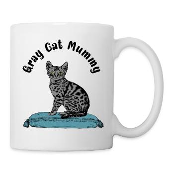 Graue Katze Mumie Katze auf blauem Kissen - Tasse - Weiß - Rechts