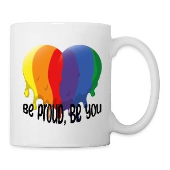 "Be proud, be you" -farbenfrohes Herz mit Spruch - Tasse - Weiß - Rechts