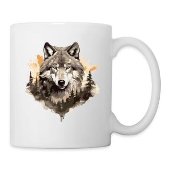 Wolf Wolfskopf Natur Wildnis Wald Bäume Kunst - Tasse - Weiß - Rechts