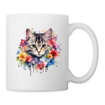 Katze Blumen Aquarell Zeichnung Kunst Bunt Floral - Tasse - Weiß - Rechts