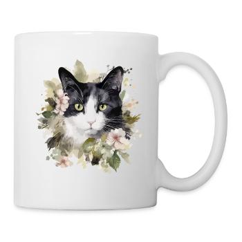 Black White Cat Flowers Watercolor Art Colorful - Mug - white - Right