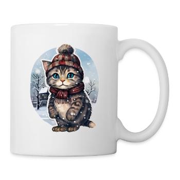 Chat avec chapeau et écharpe dans la neige - Mug blanc - blanc - Droite