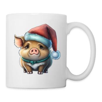 Weihnachtsschwein, niedliches Tier, Mütze - Tasse - Weiß - Rechts