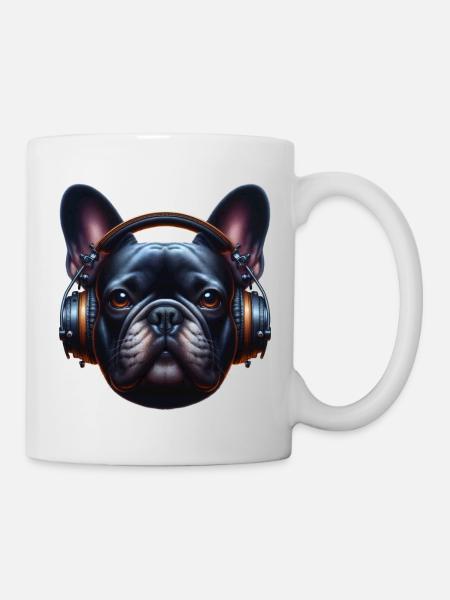 französische Bulldogge mit Kopfhörer - Tasse - Weiß