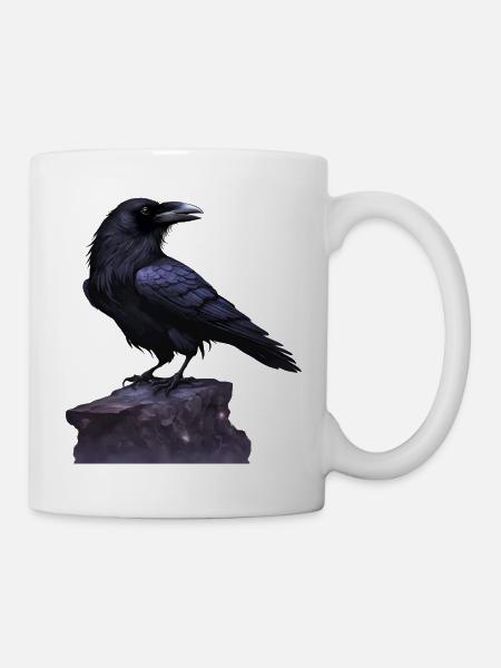 großer Rabe auf Stein - Naturmotiv - Rabenvogel - Tasse - Weiß
