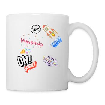 Happy birthday,comic, Rakete, Sterne, Geburtstag - Tasse - Weiß - Rechts