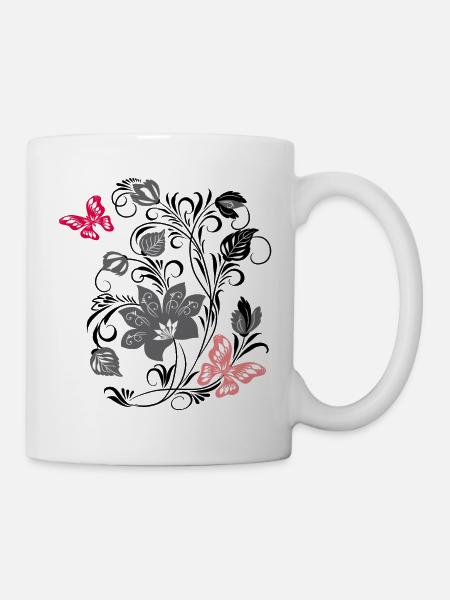 Blumenornament mit Schmetterling - Tasse - Weiß