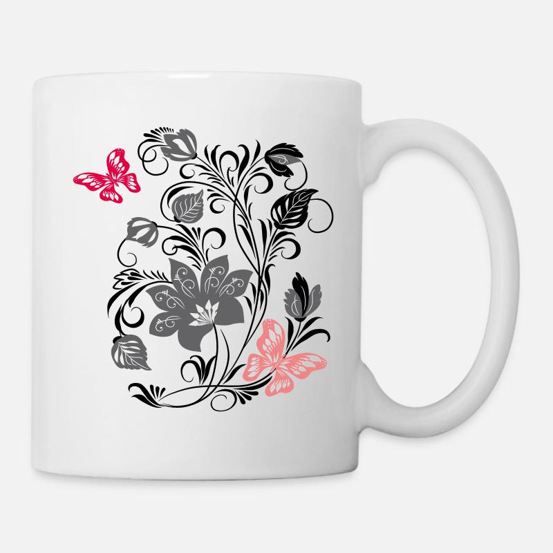 Blumenornament mit Schmetterling - Tasse - Weiß