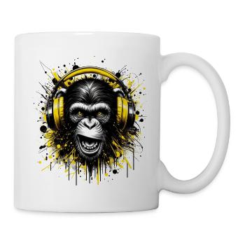 Affenkopf mit gelben Kopfhörern - 3D Farbklecks - Tasse - Weiß - Rechts