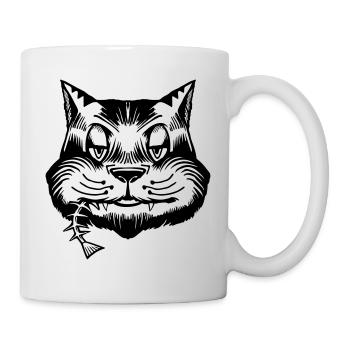 Cat Eats Fish (Cat Face, Funny Pictures) - Mug - white - Right