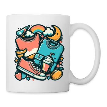 Colorful collage with clothes and everyday objects - Mug - white - Right