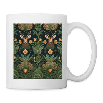 Symmetrisches Muster mit Reh und Blumen - Tasse - Weiß - Rechts