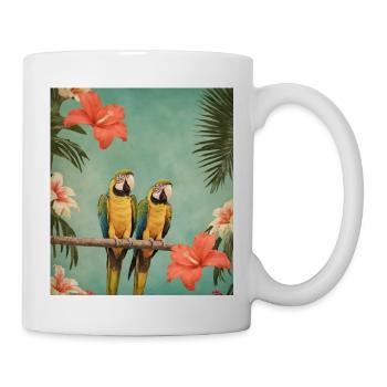 Zwei Papageien auf einem Ast mit Hibiskusblüten - Tasse - Weiß - Rechts