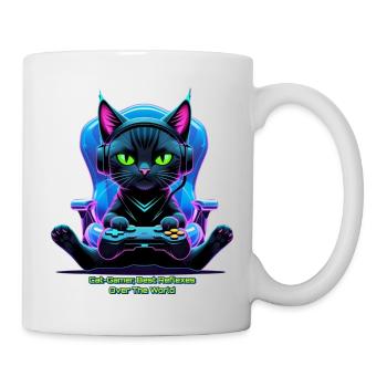 Futuristische Gamer-Katze mit Joystick und katzenartiger Attitüde - Tasse - Weiß - Rechts
