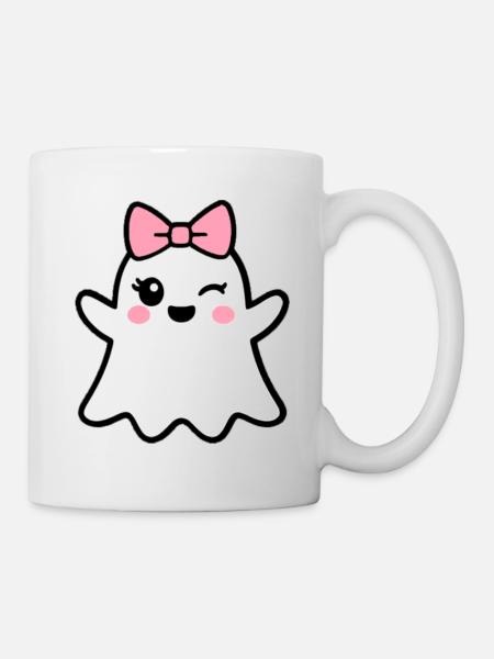 Kawaii Ghost with Pink Bow - Mug - white