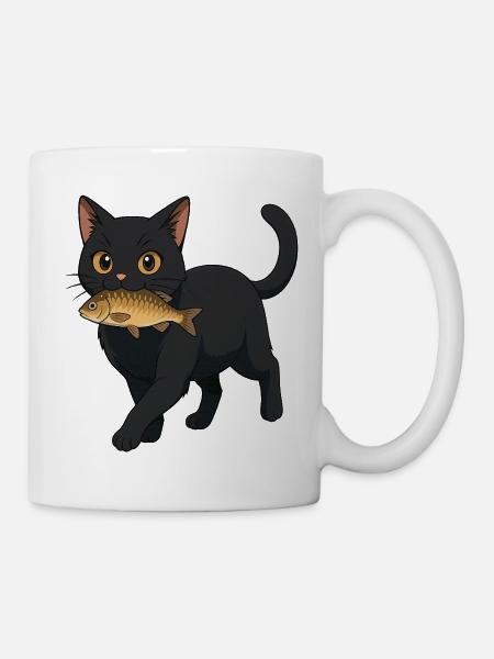 Cat with Fish Illustration Design - Mug - white