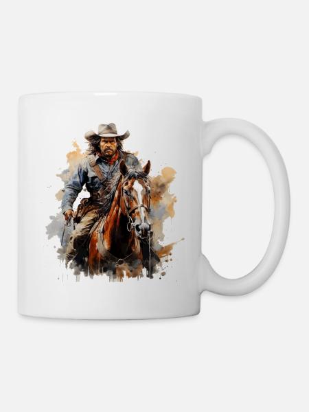 Cowboy auf Wildpferd in Aquarellstil - Tasse - Weiß