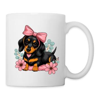 Teckel avec ruban rose et fleurs - Mug blanc - blanc - Droite