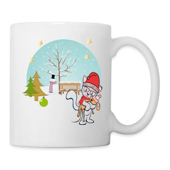 Cat with teddy bear in winter - Mug - white - Right