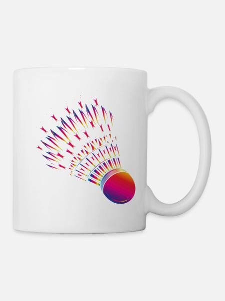 Bunter Federball – dynamisches Badminton Motiv - Tasse - Weiß