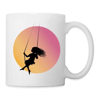 Girl silhouette on swing in sunset - Mug - white - Right