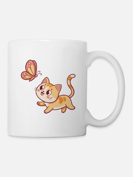 Neugierige Katze und Schmetterling - Tasse - Weiß