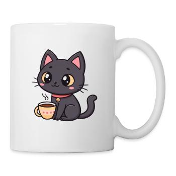 Warme schwarze Katze mit Tee - Tasse - Weiß - Rechts