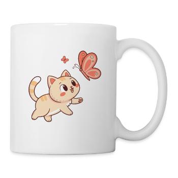 Chat Curieux et Papillon Rosé - Mug blanc - blanc - Droite