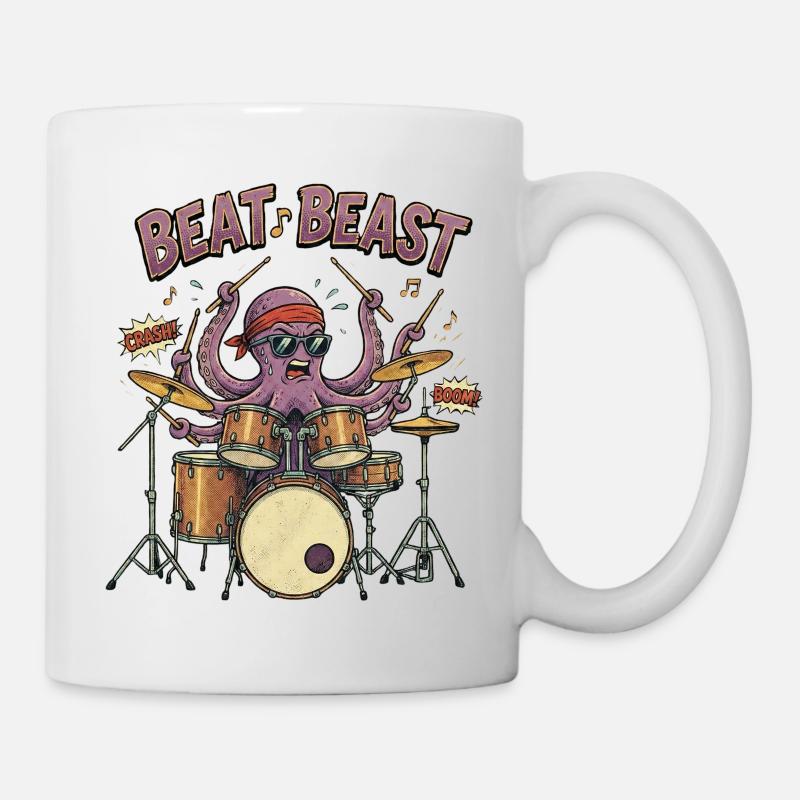 Beat Beast – Retro Comic Oktopus Schlagzeuger Drum - Tasse - Weiß