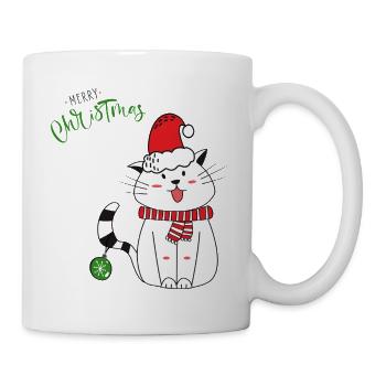 Weihnachtskatze mit Weihnachtsmütze - Tasse - Weiß - Rechts