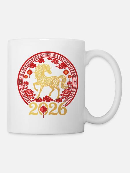 Jahr des Pferdes 2026 Gold Chinesisches Neujahr  - Tasse - Weiß