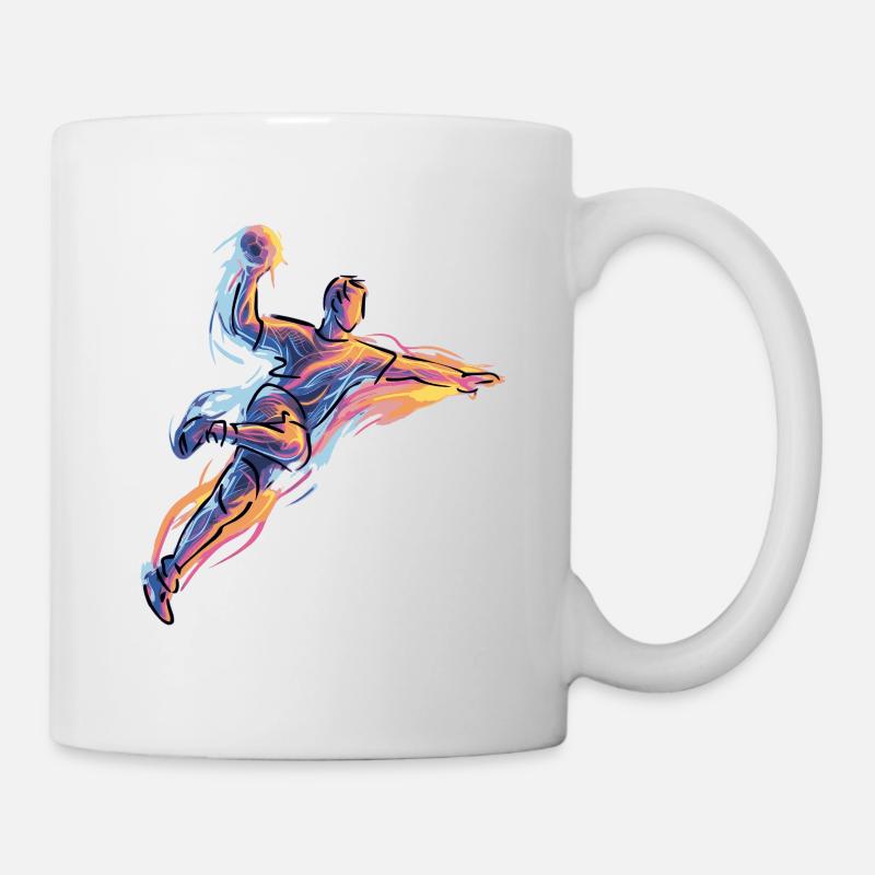 Dynamischer Handball Sprungwurf in Neon Flammen - Tasse - Weiß