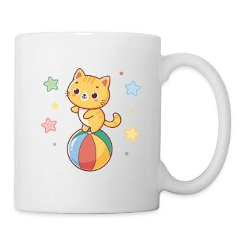 Niedliches Kätzchen akrobatisch auf einem Regenbogenball - Tasse - Weiß - Rechts