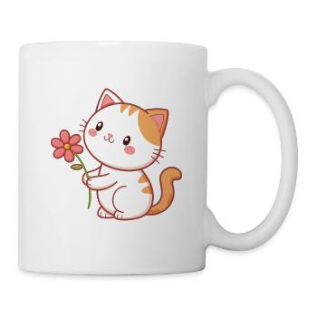 Süße Katze hält eine Blume - Tasse - Weiß - Rechts