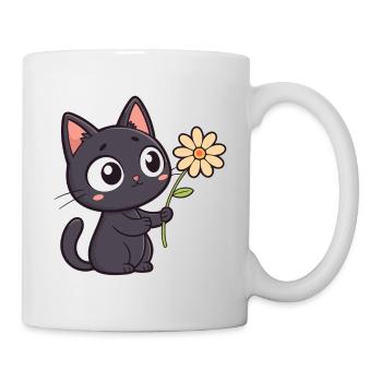 Kawaii Schwarze Katze und Gänseblümchen - Tasse - Weiß - Rechts