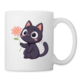 Chat noir kawaii avec fleur - Mug blanc - blanc - Droite