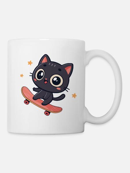 Kawaii-Katze auf Skateboard - Tasse - Weiß