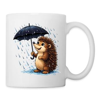 Fröhlicher Igel mit Regenschirm im Regen - Tasse - Weiß - Rechts