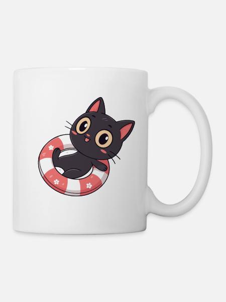 Schwarze Katze auf Bojenblüten - Tasse - Weiß