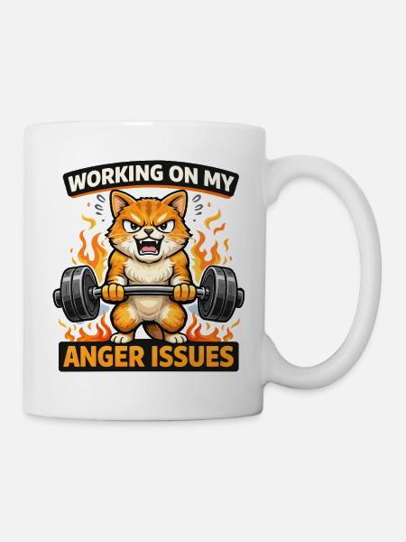 Angry Cat Lifts Weights Flaming Fury - Mug - white